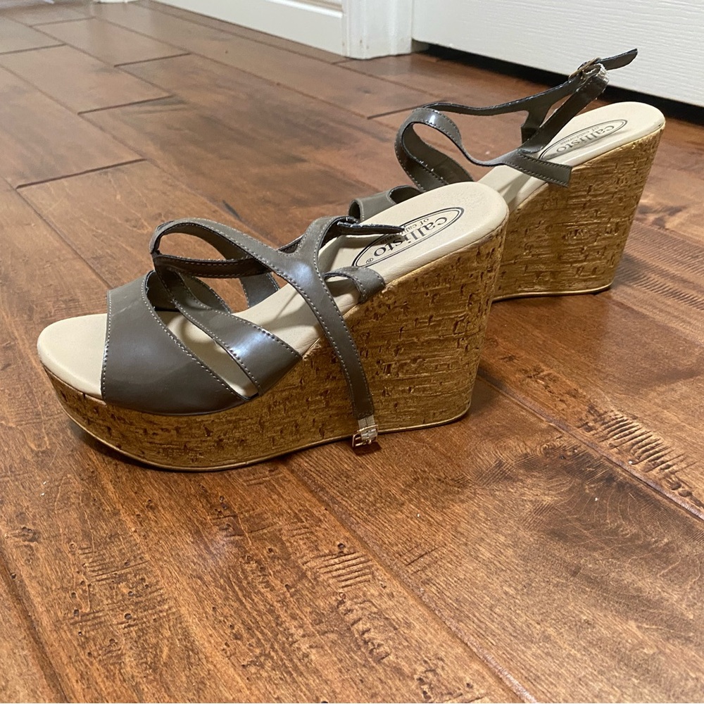 Callisto Brown and Gray Wedge Sandals with Espadrille Heel